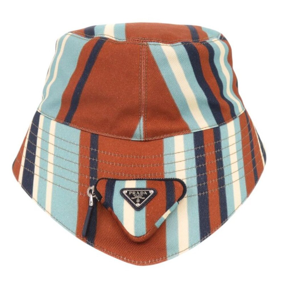Prada Triangle Logo Stripe Size XL Cotton Multicolor Bucket Hat 1378 - Picture 3 of 9